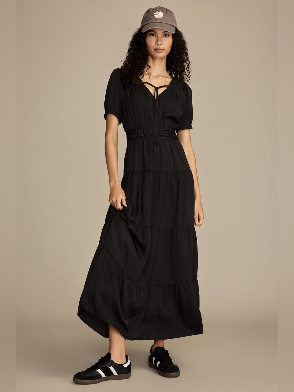 Lucky brand black satin goth fall winter midi maxi crinkle dress XS